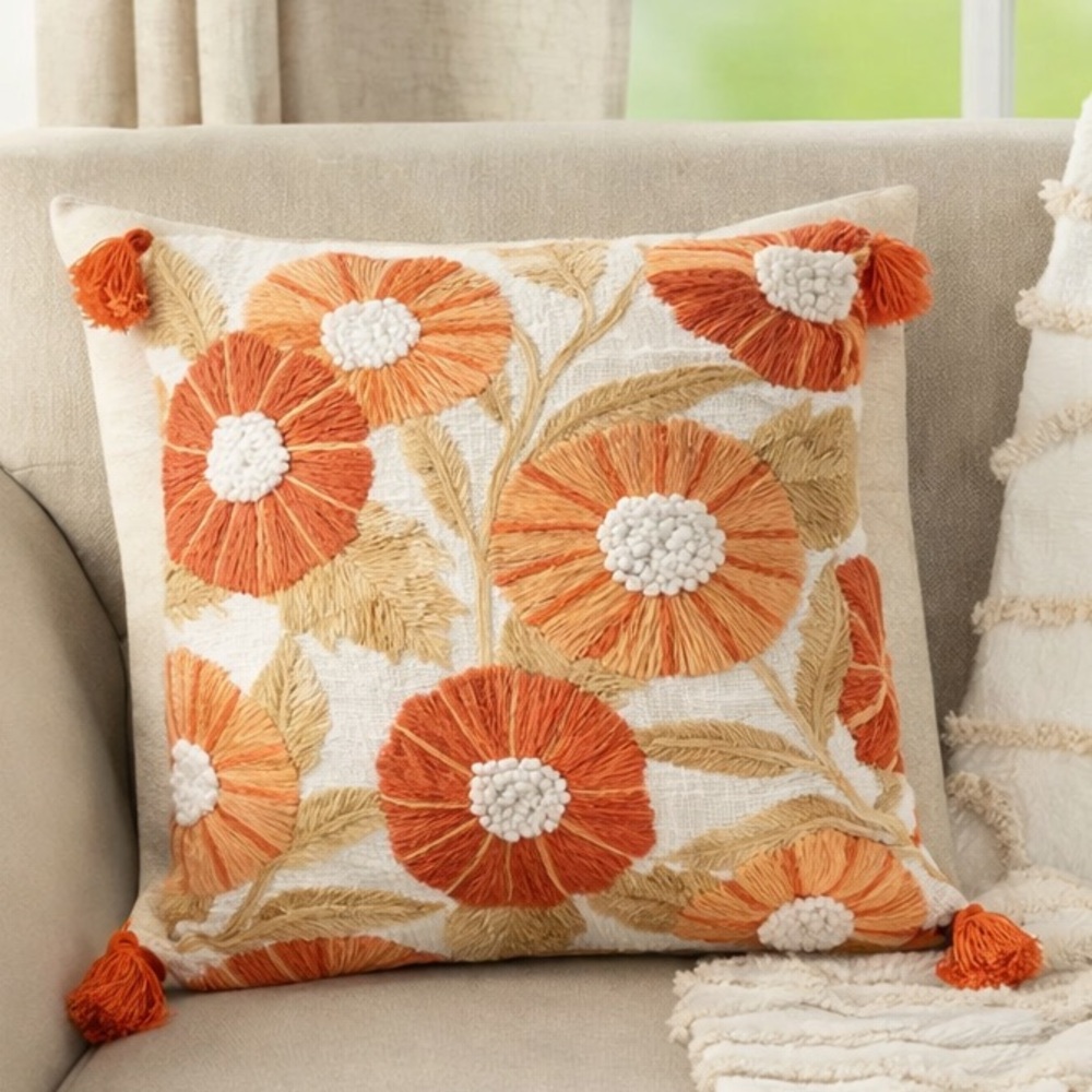 Crewel Terracotta Stunning Embroidery Pillow,Sun-Coral, Boho,l Cushion, Size 18” - Picture 3 of 8